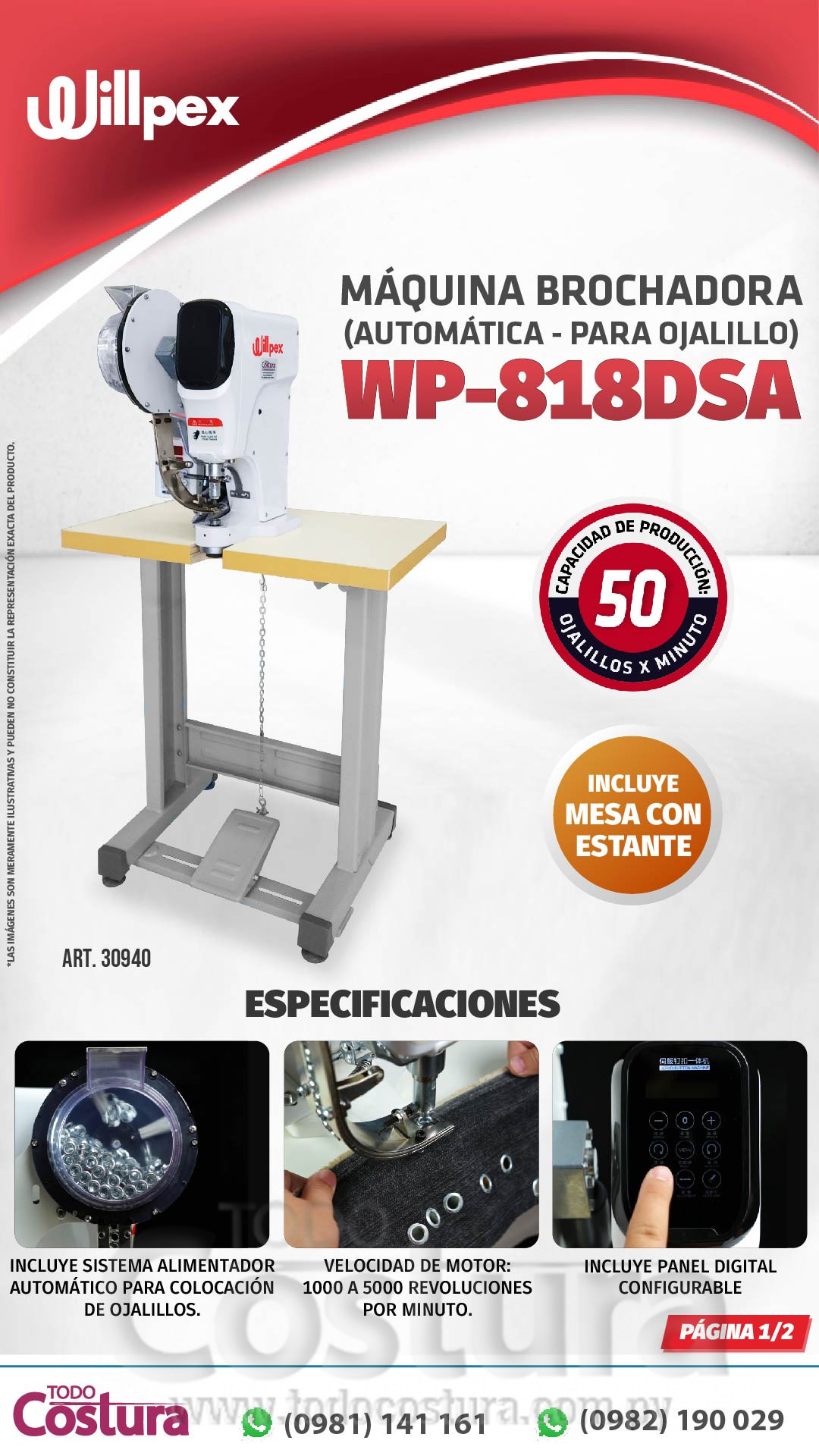 MAQUINA BROCHADORA (AUTOMATICA - PARA OJALILLO) WILLPEX WP-818DSA